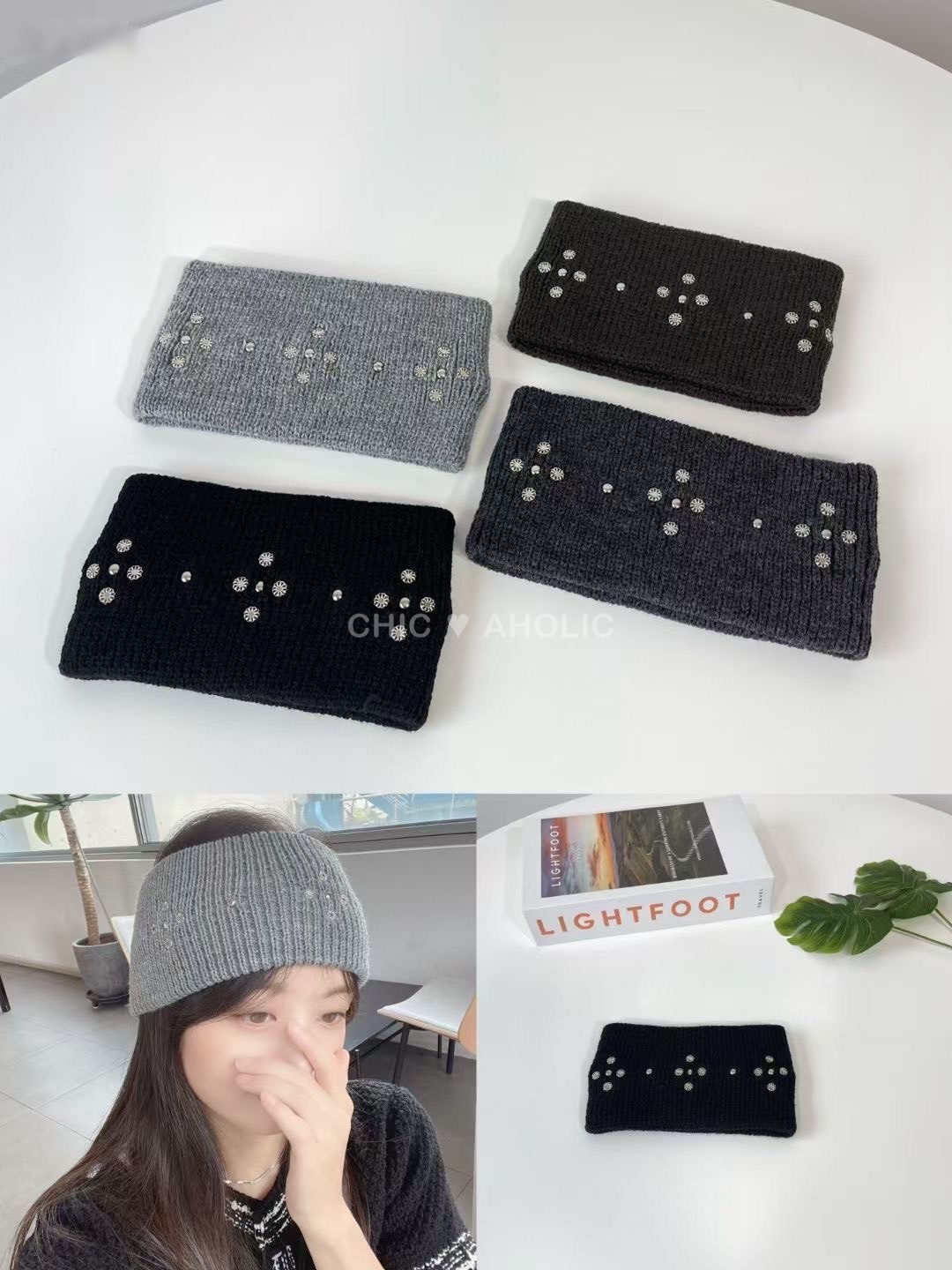 NEE05鉚釘水鑽針織髮帶
