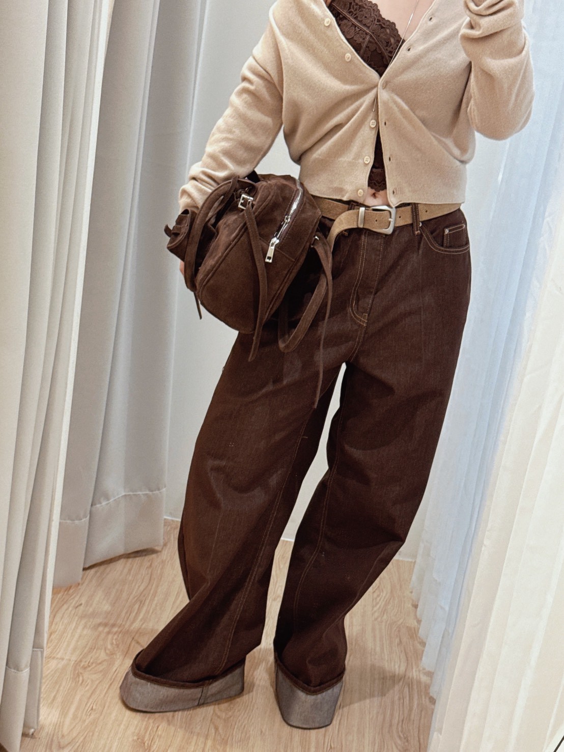 WN08反折褲腳咖啡牛仔褲