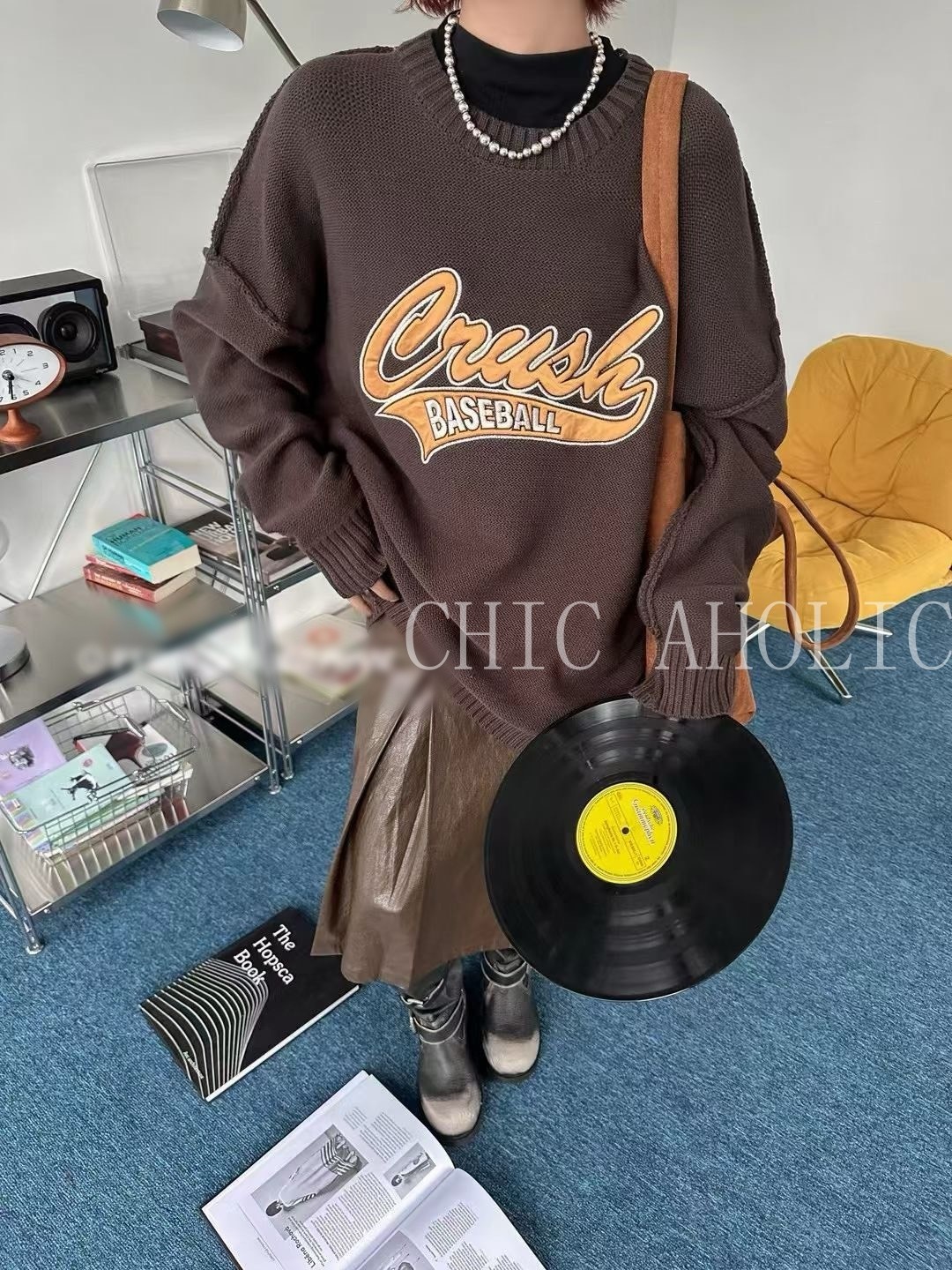 WN21棒球風字母針織寬衣