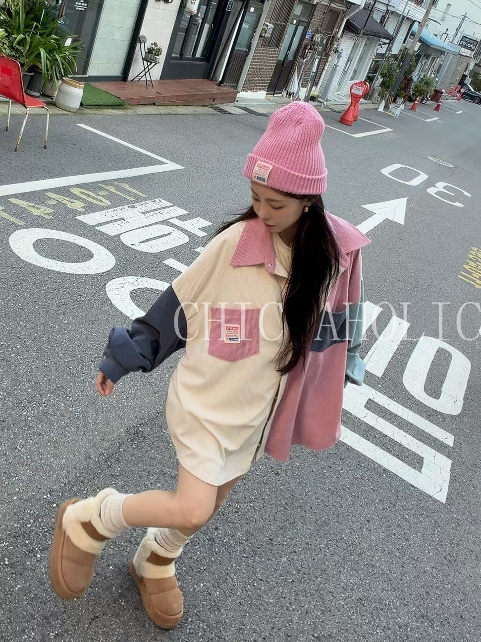 WN23粉白藍撞色燈心絨外套