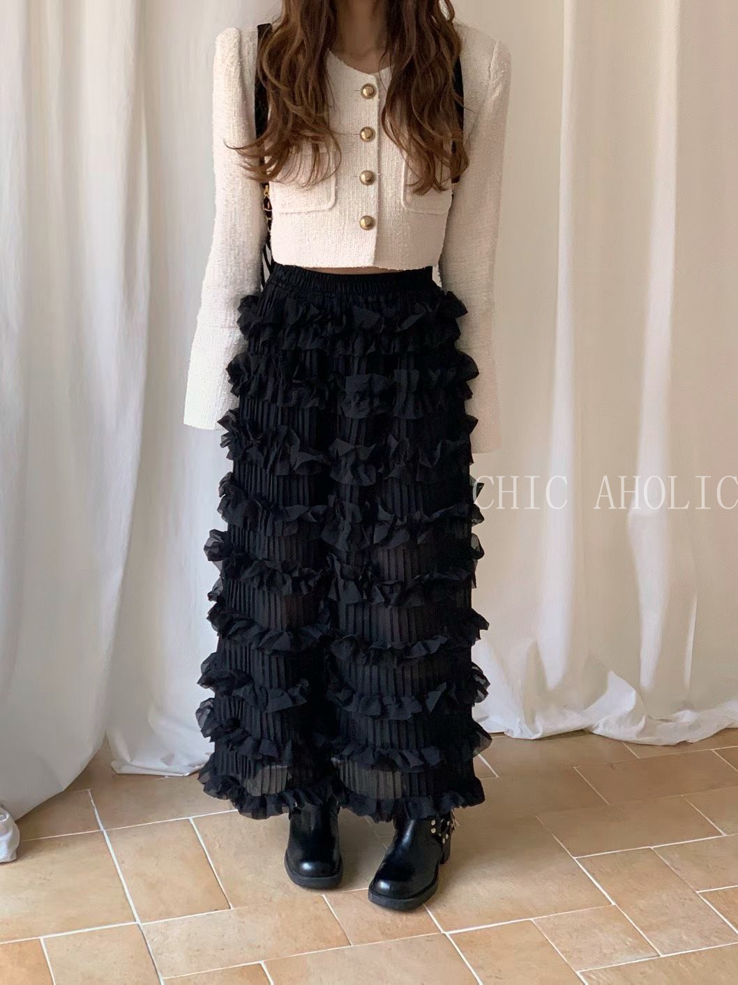 CA34立體壓摺荷葉長裙 