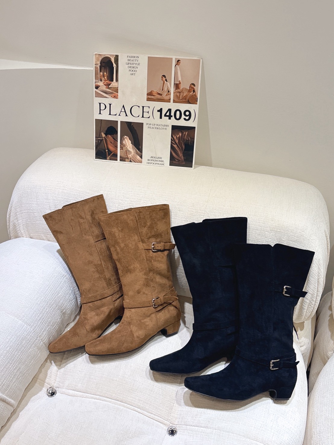 HH14小方頭雙條銀釦麂皮機車靴