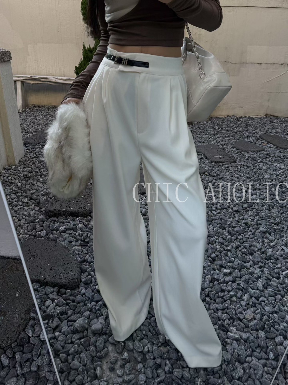 皮帶設計西裝直筒褲