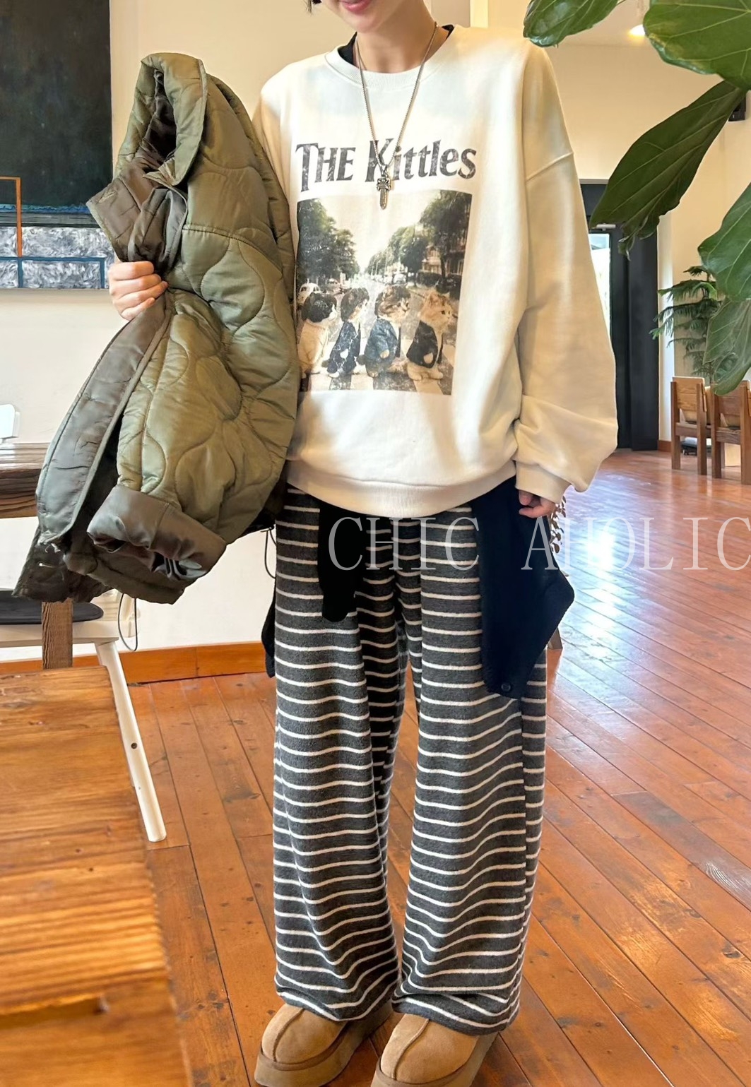 縮口條紋秋季棉褲