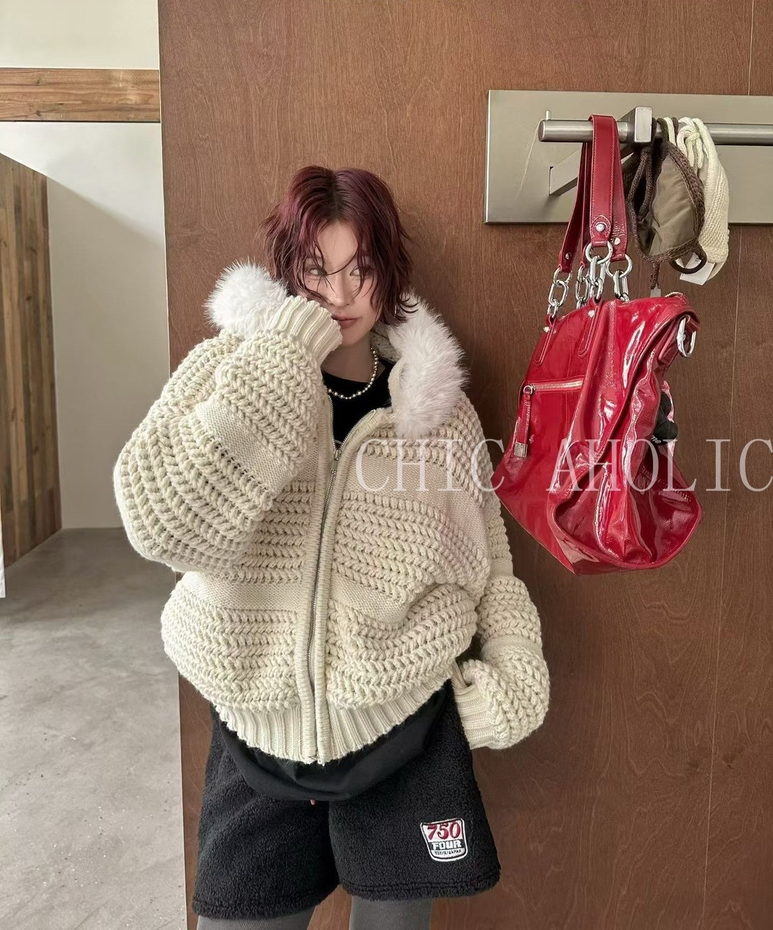 DEC04毛毛領咖啡色針織外套