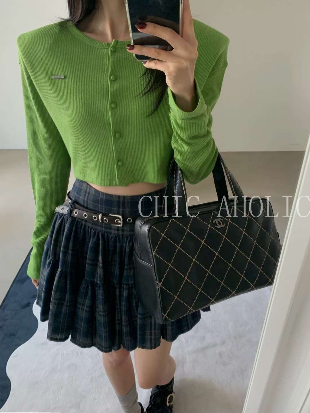 DEC06銀圈皮帶格紋裙