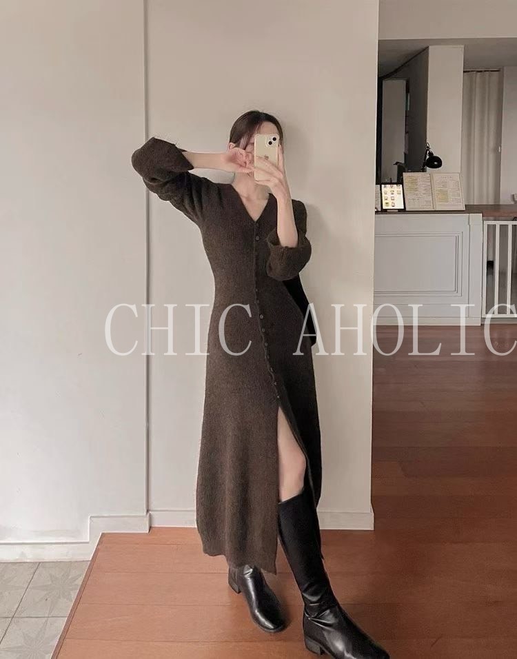 DEC16V領排釦針織長洋裝