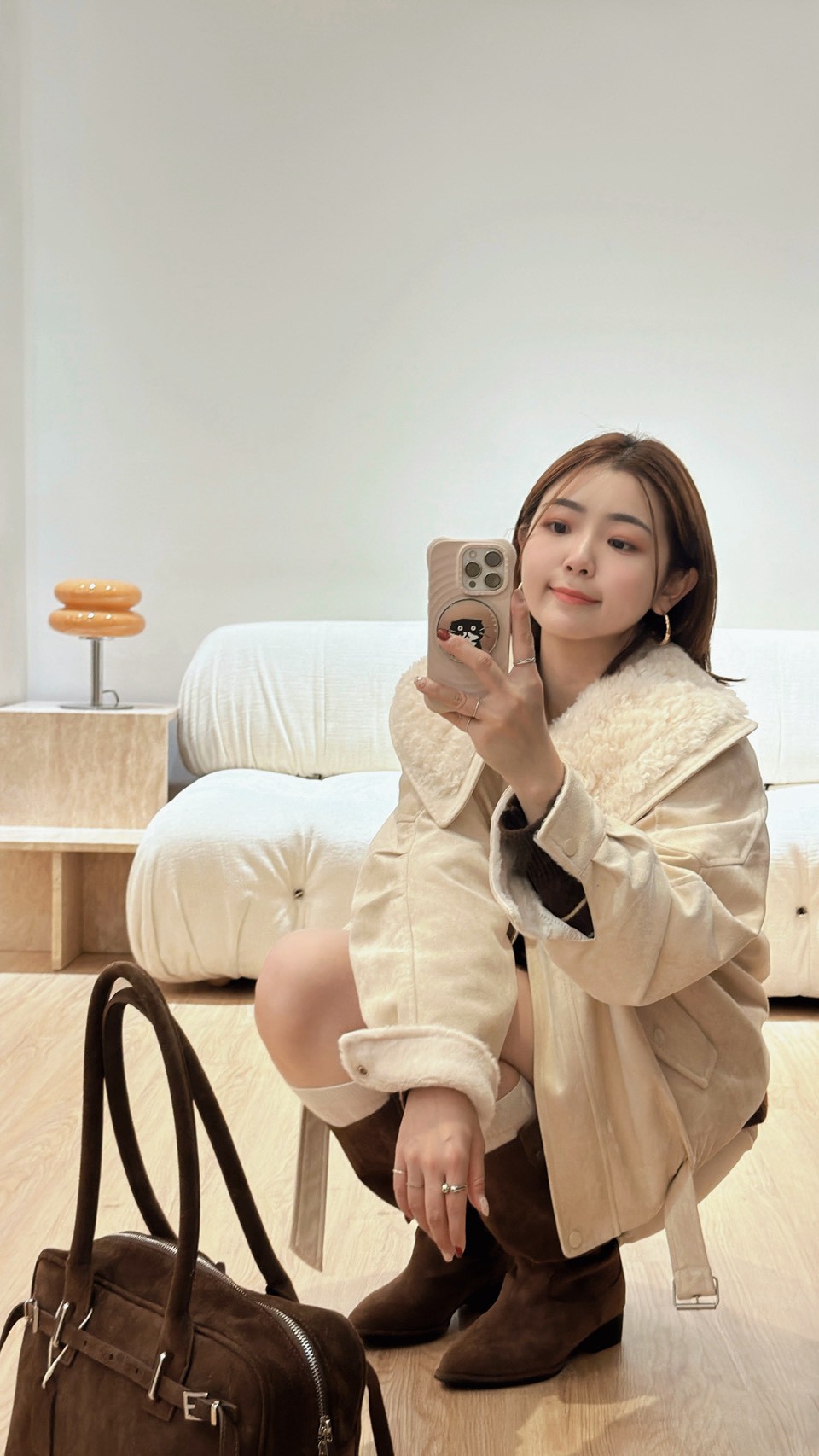 ME32白羊捲毛領麂皮外套