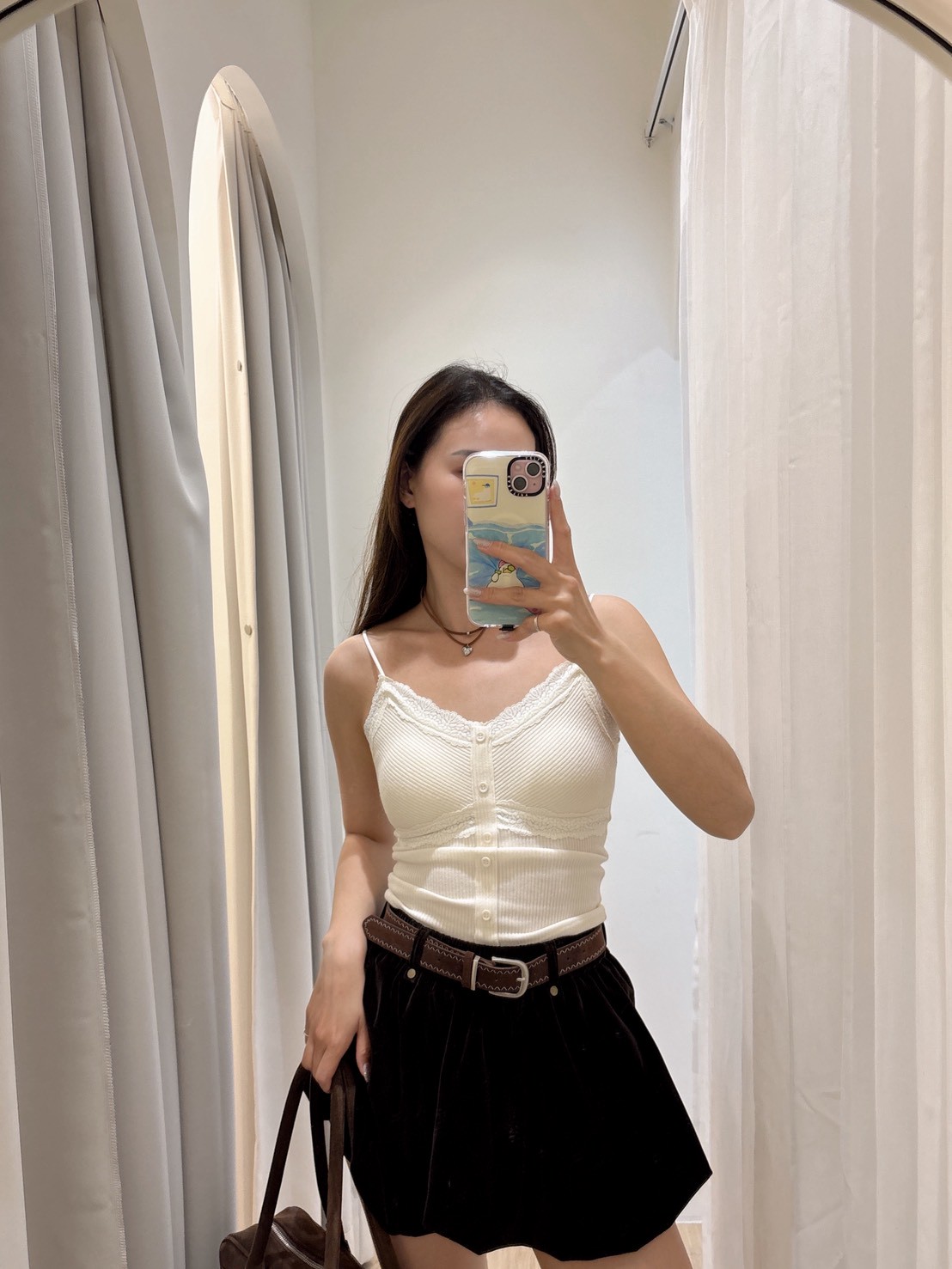 FU07幾何線條皮帶花苞裙