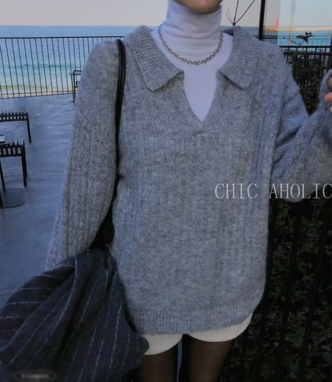 FU17有領V口針織毛衣