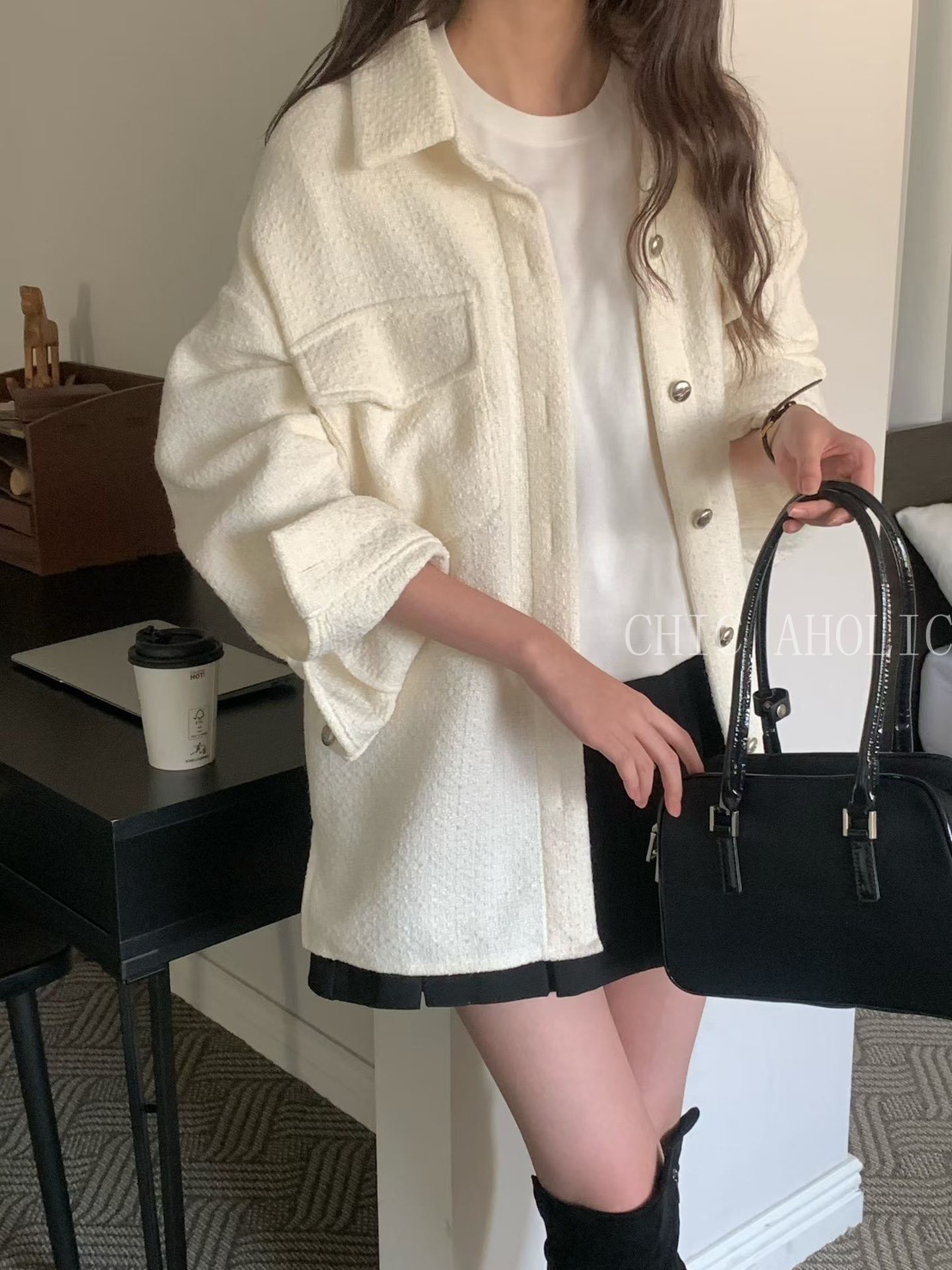 FU37有紋路銀釦毛呢襯衫