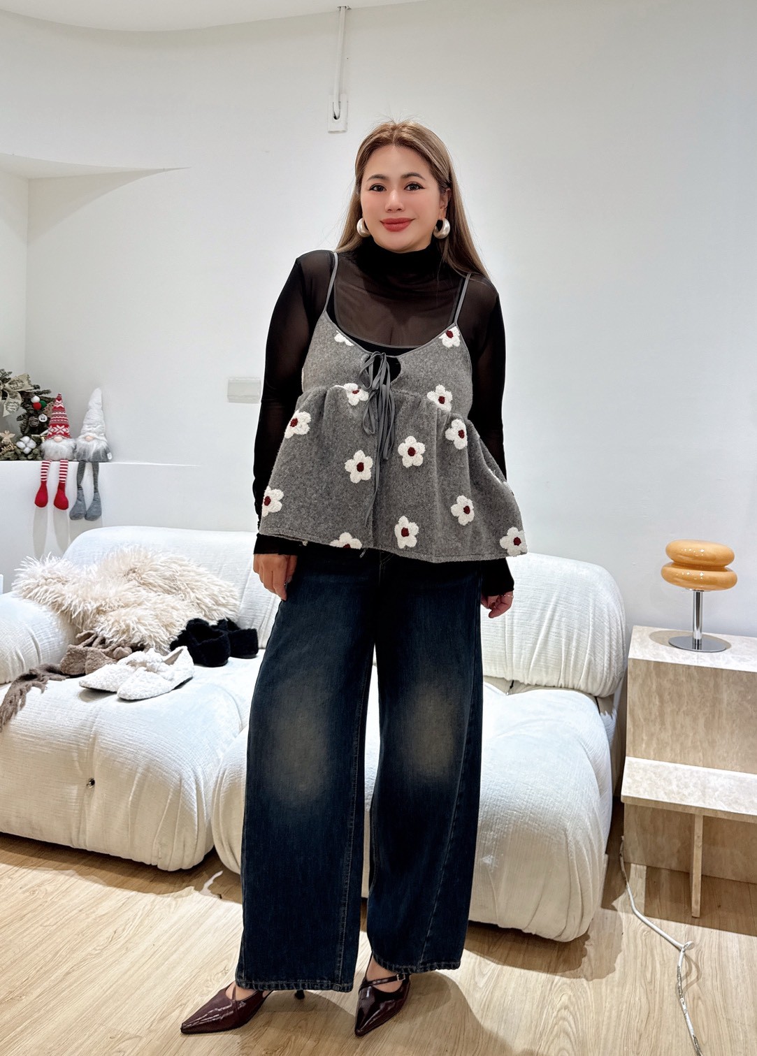 GOOD20白色小花綁結傘擺衣