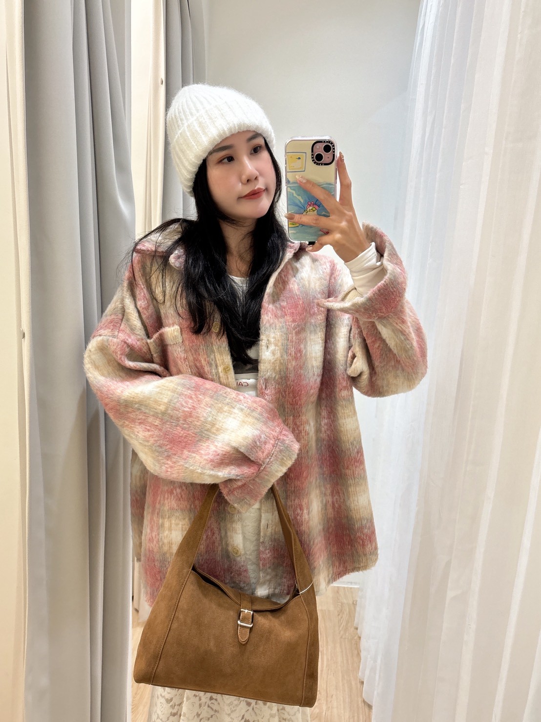 NEW23粉綠單口袋格紋襯衫