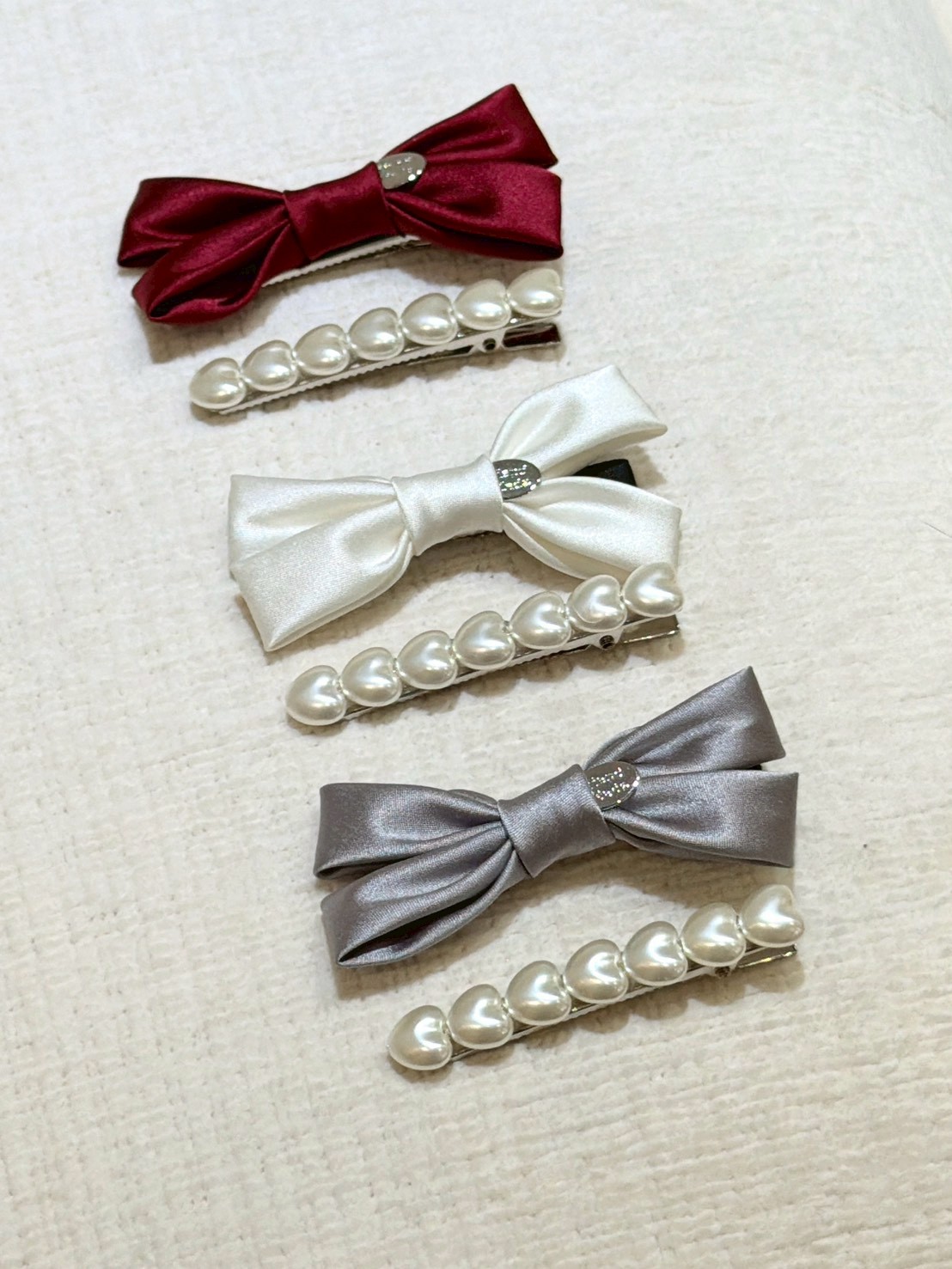 ON43絲綢蝴蝶結珍珠兩件式髮夾