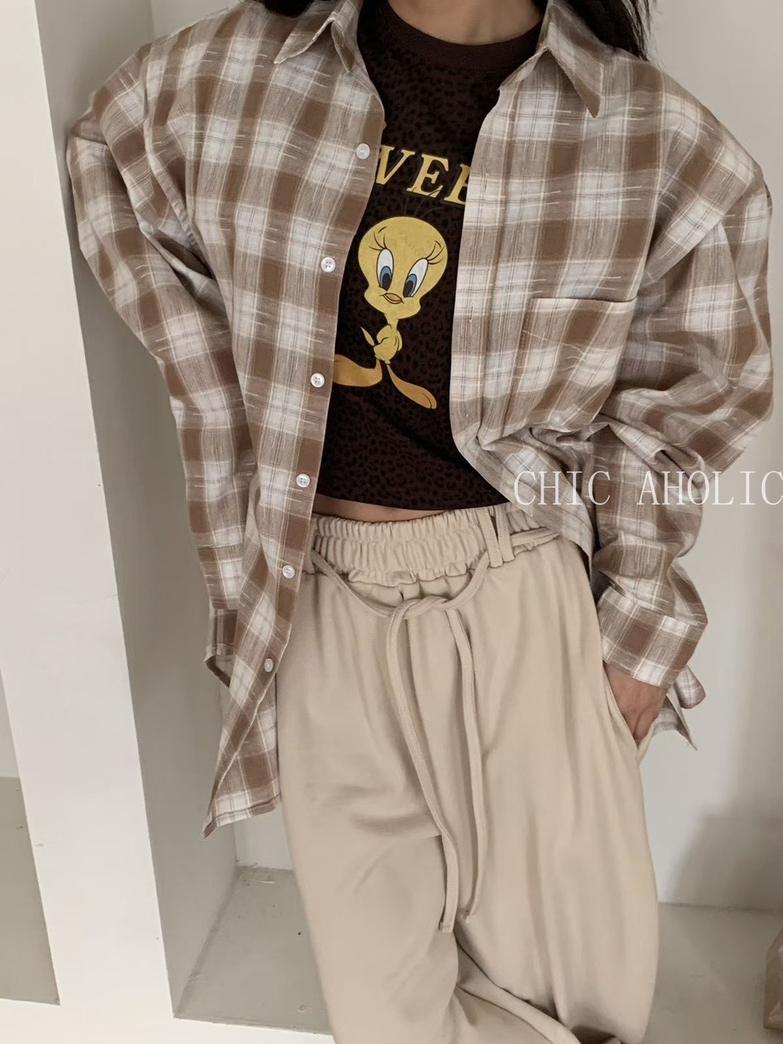 奶茶色格子寬襯衫