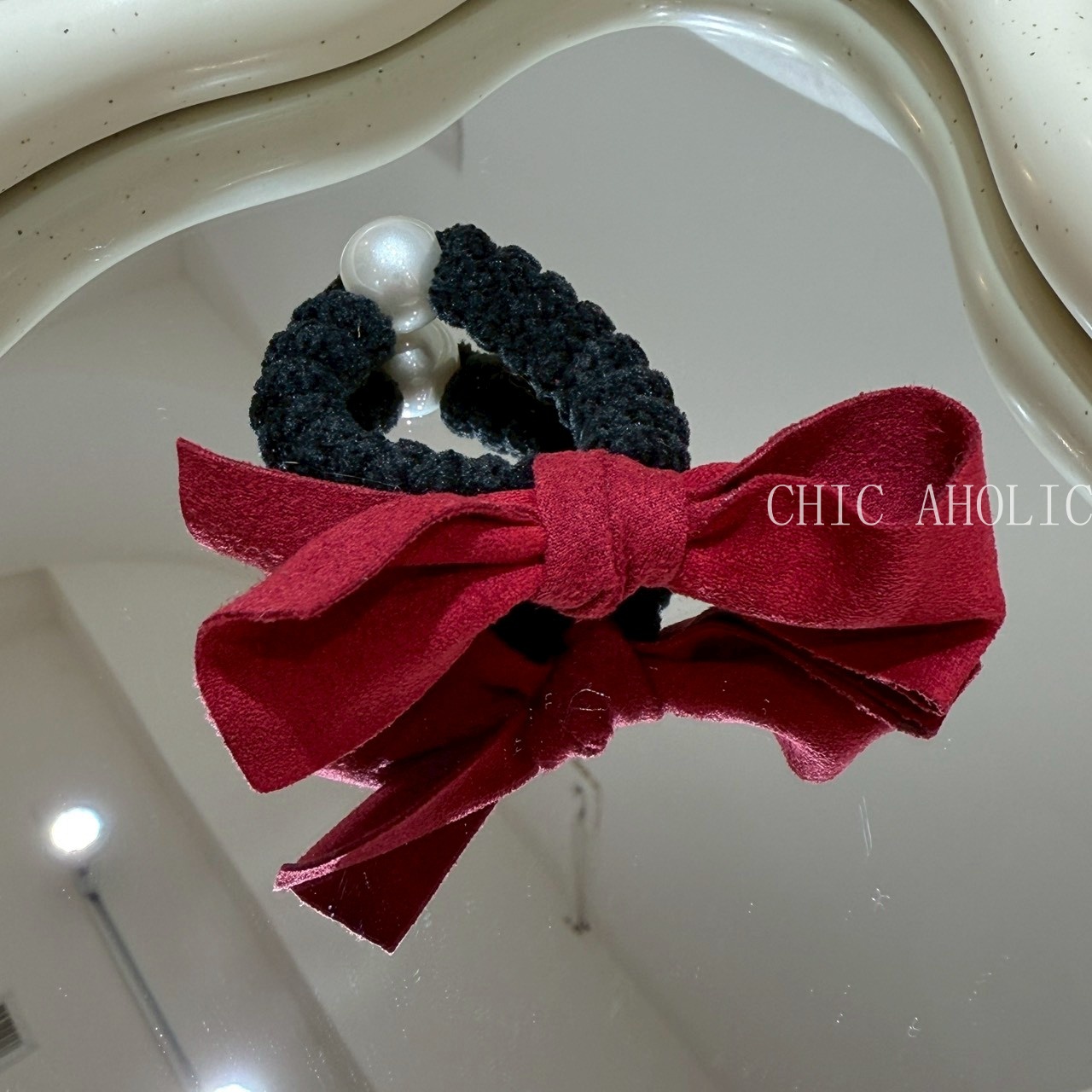 TW43珍珠紅蝴蝶結髮圈