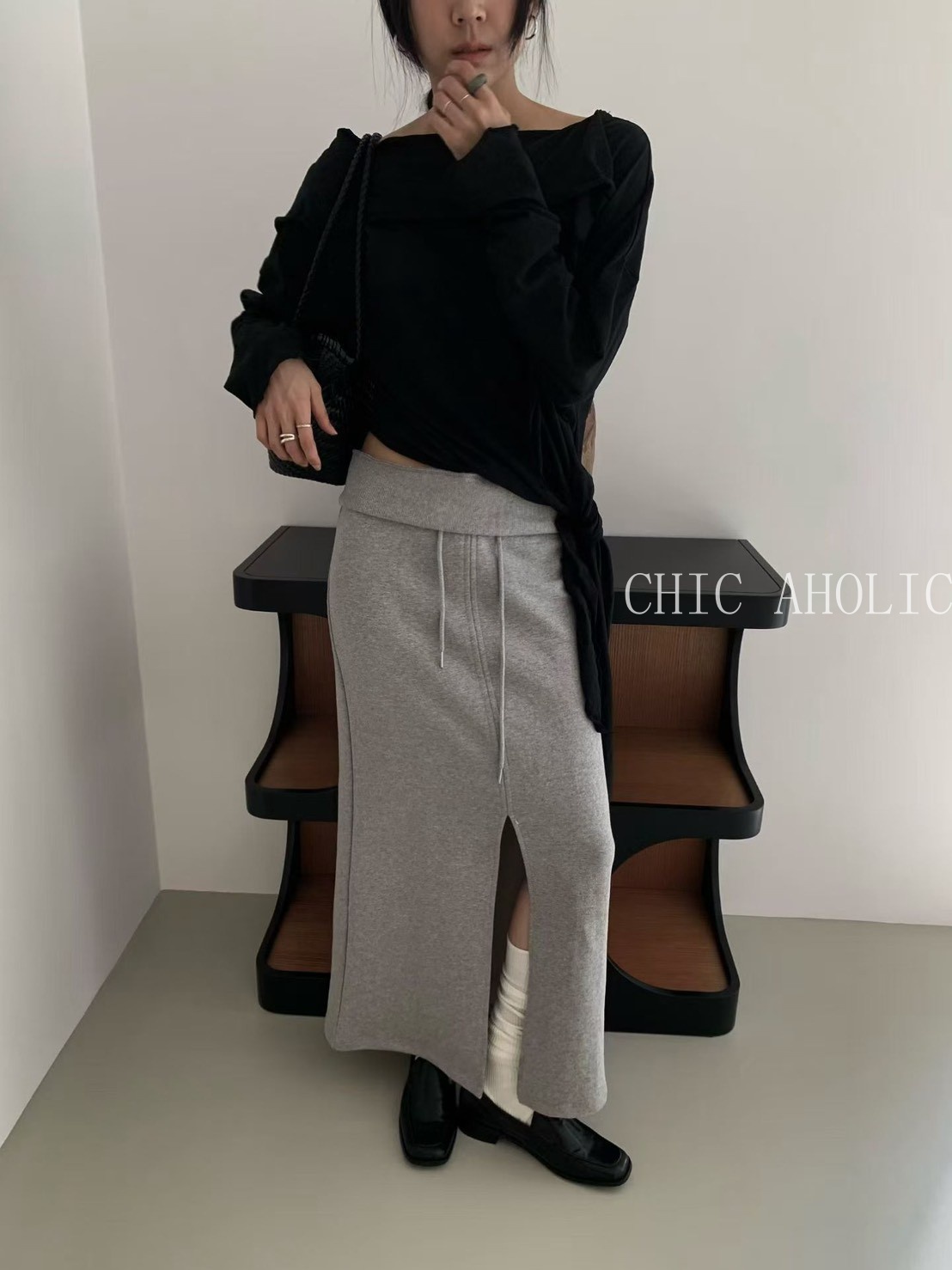 SSR10 前開岔腰寬6CM長裙 