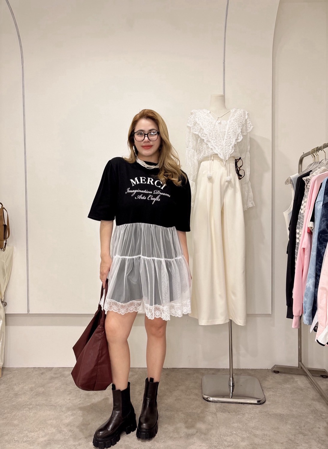 NY09公主袖拼接點點紗短洋裝