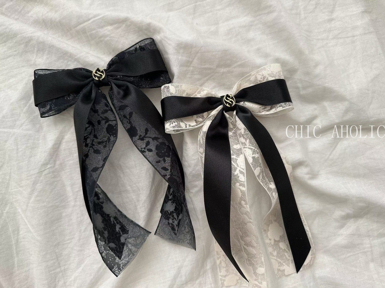 NE30花蕾絲緞面金釦髮夾