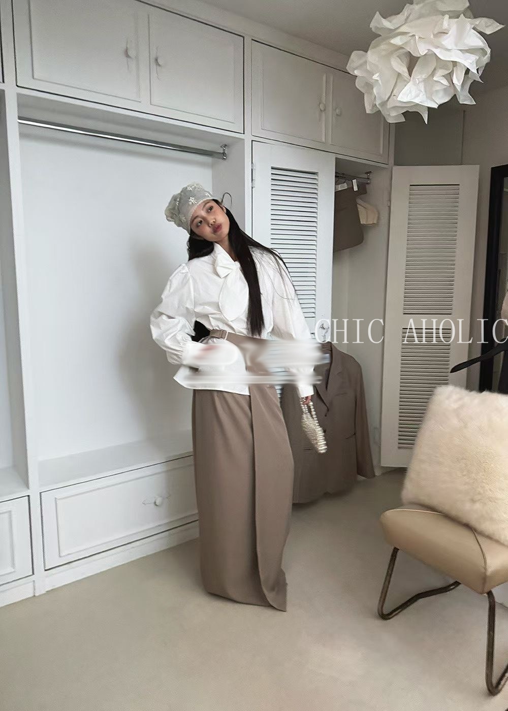 NE53一個釦環腹鏤空西裝裙