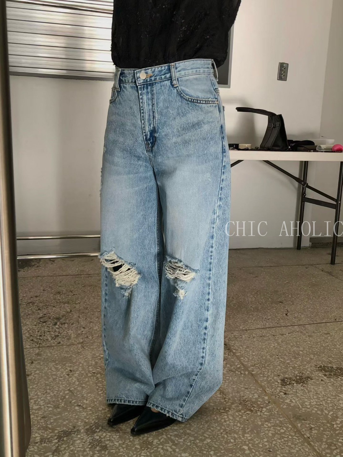 MAR36三七分線牛仔破洞褲