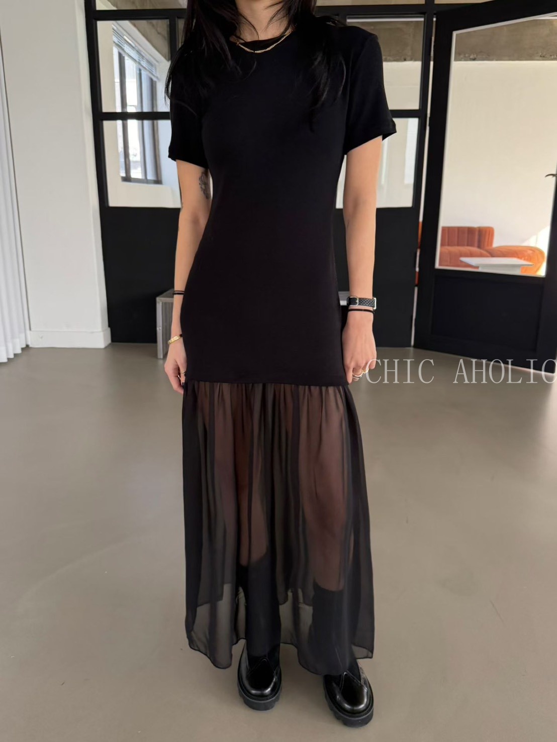 MAR43圓領上衣拼接透紗洋裝 