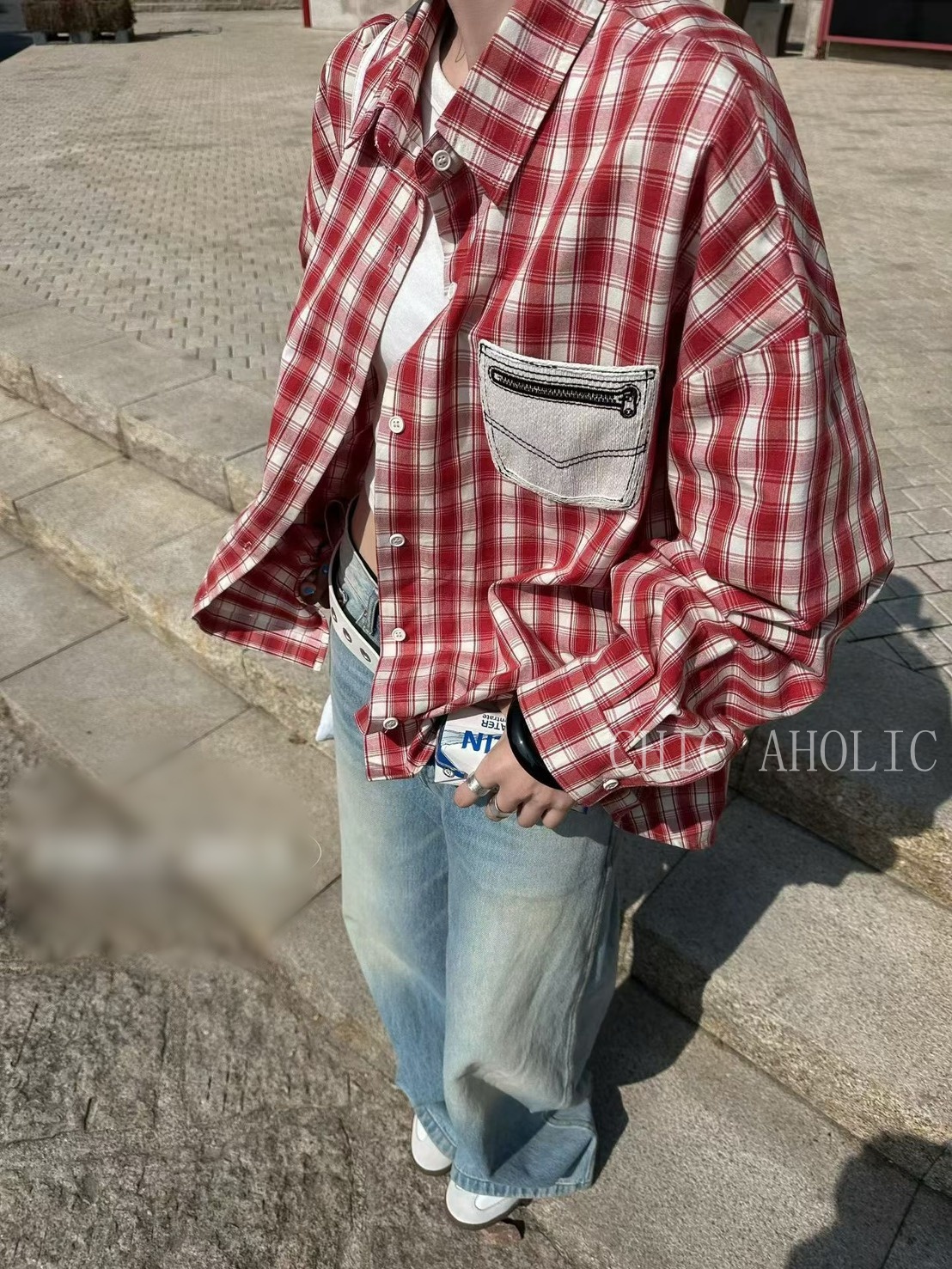 MEE38口袋拉鍊造型格子襯衫