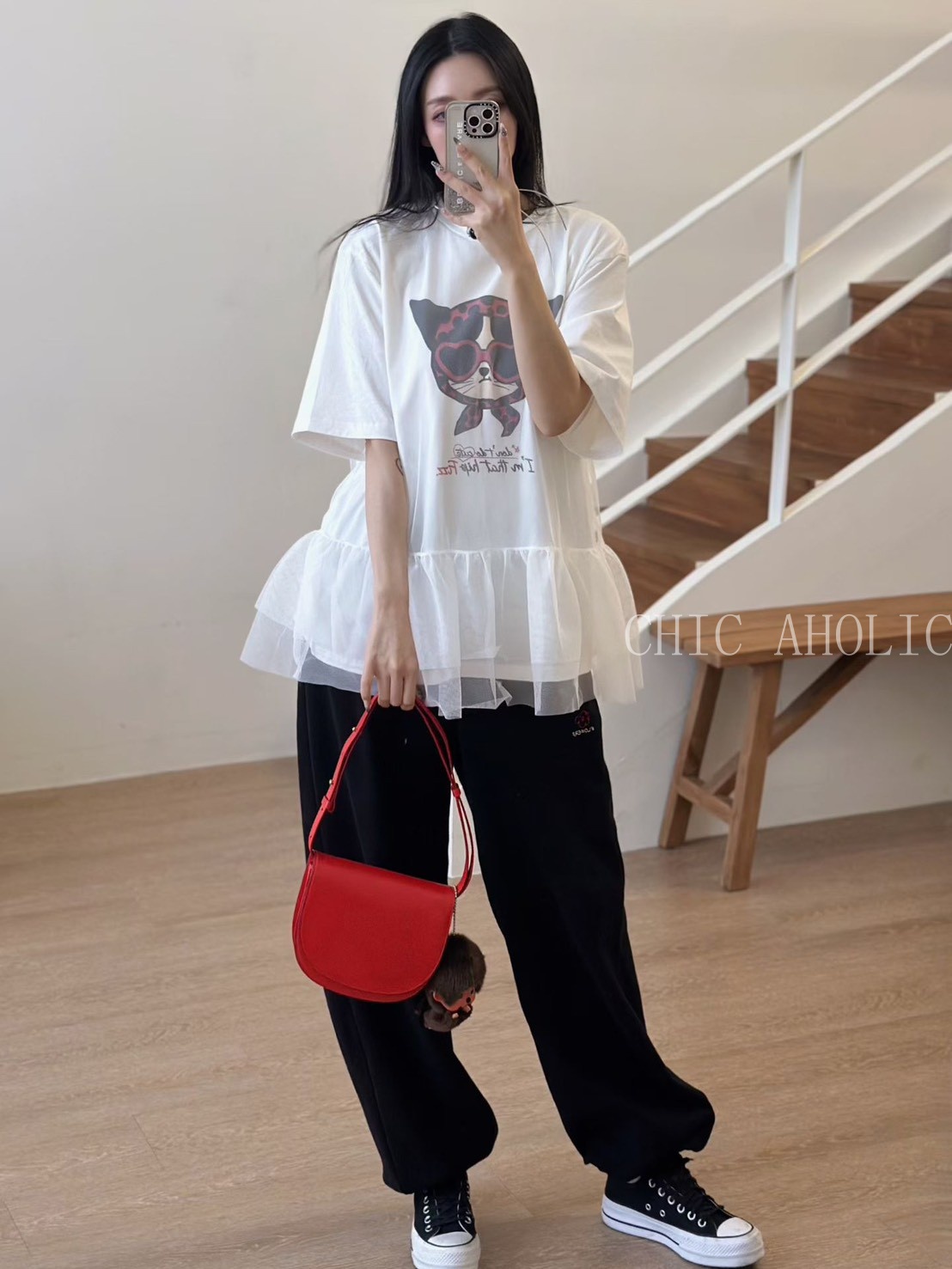 MEE44紅頭巾貓雙層紗上衣