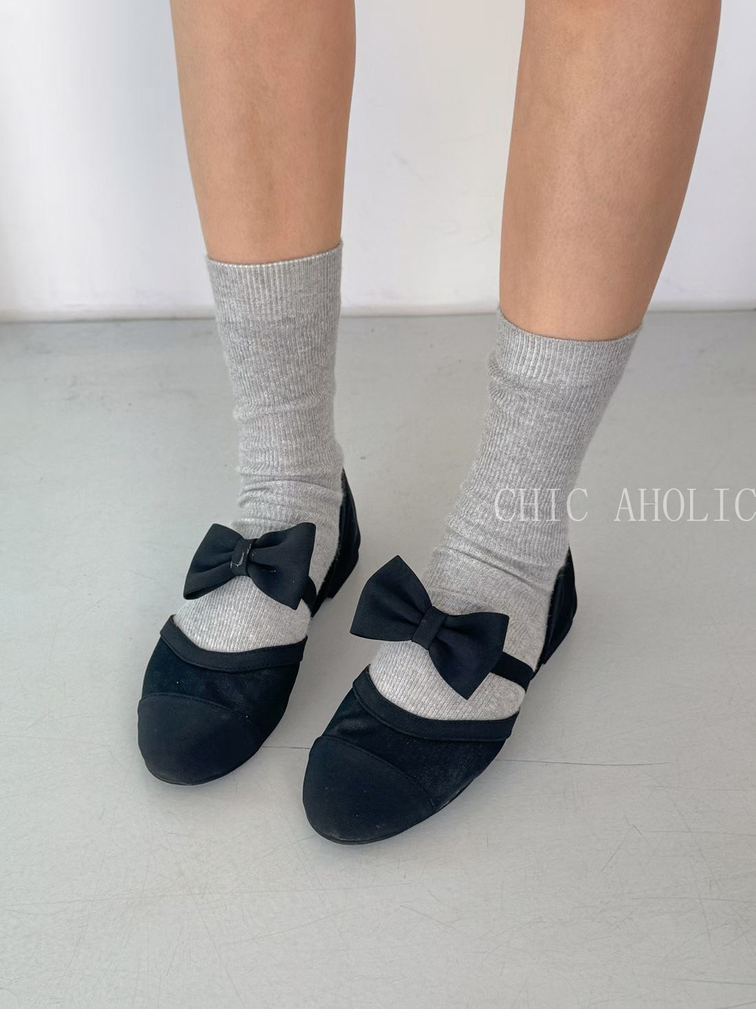 MEE75黑色蝴蝶結包頭娃娃鞋