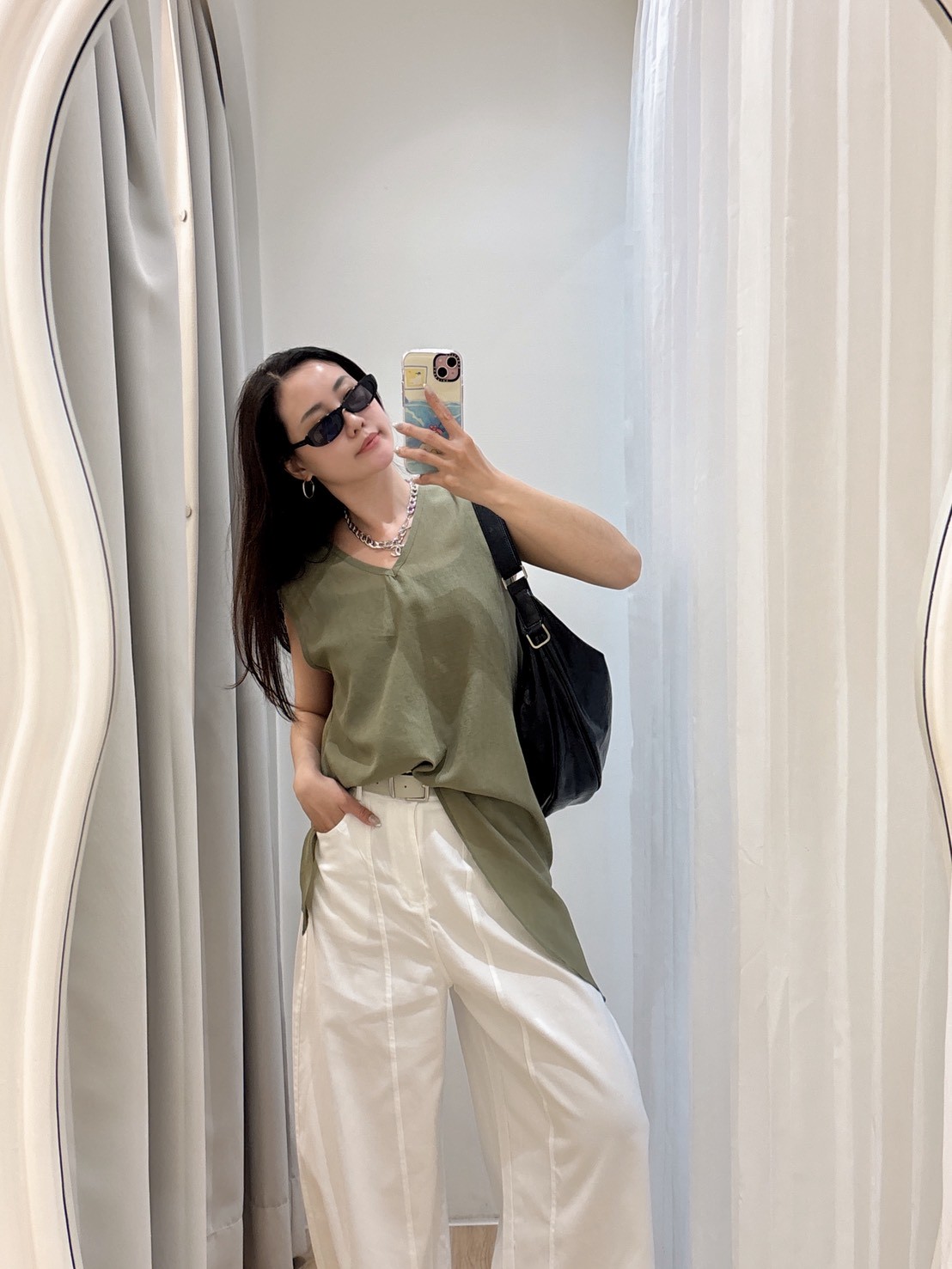 WR14斜擺麻料上下V口長上衣