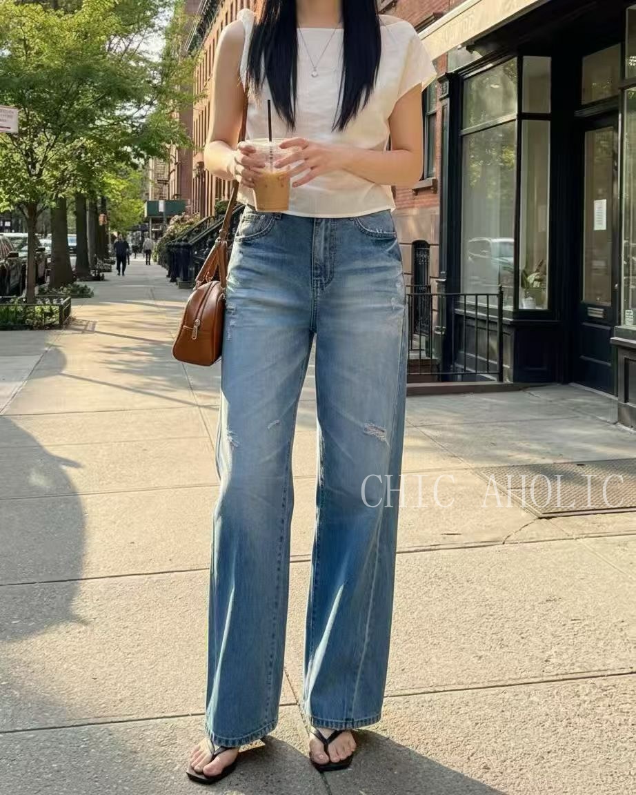 WR02#6045微破鬆弛牛仔寬褲 