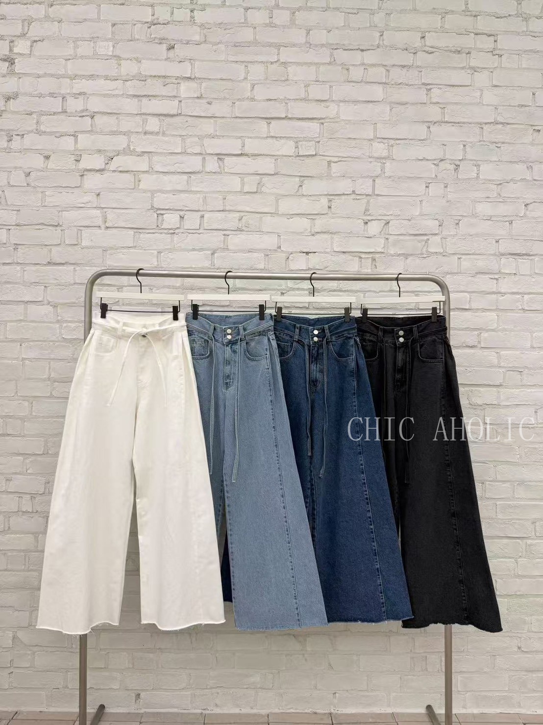 KQ26褲頭腰綁白色牛仔寬褲