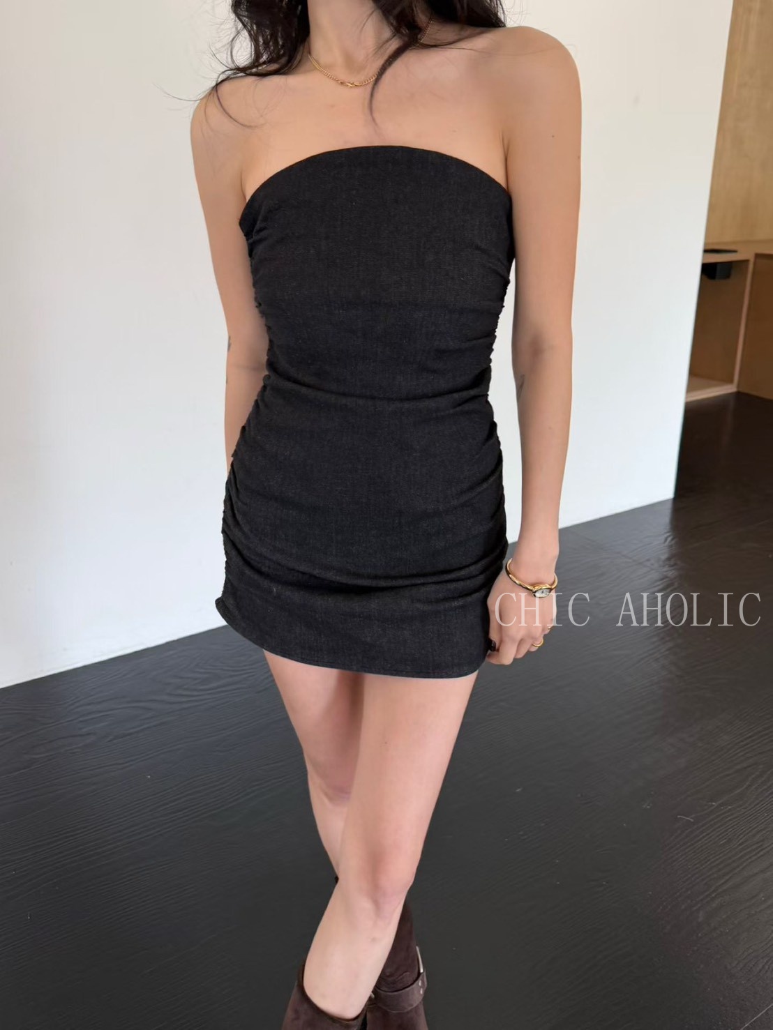 牛仔平口腰身短洋