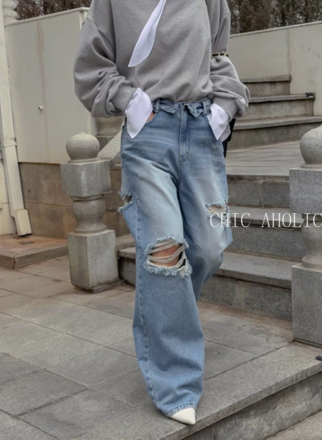  HE12反摺褲頭膝破牛仔褲