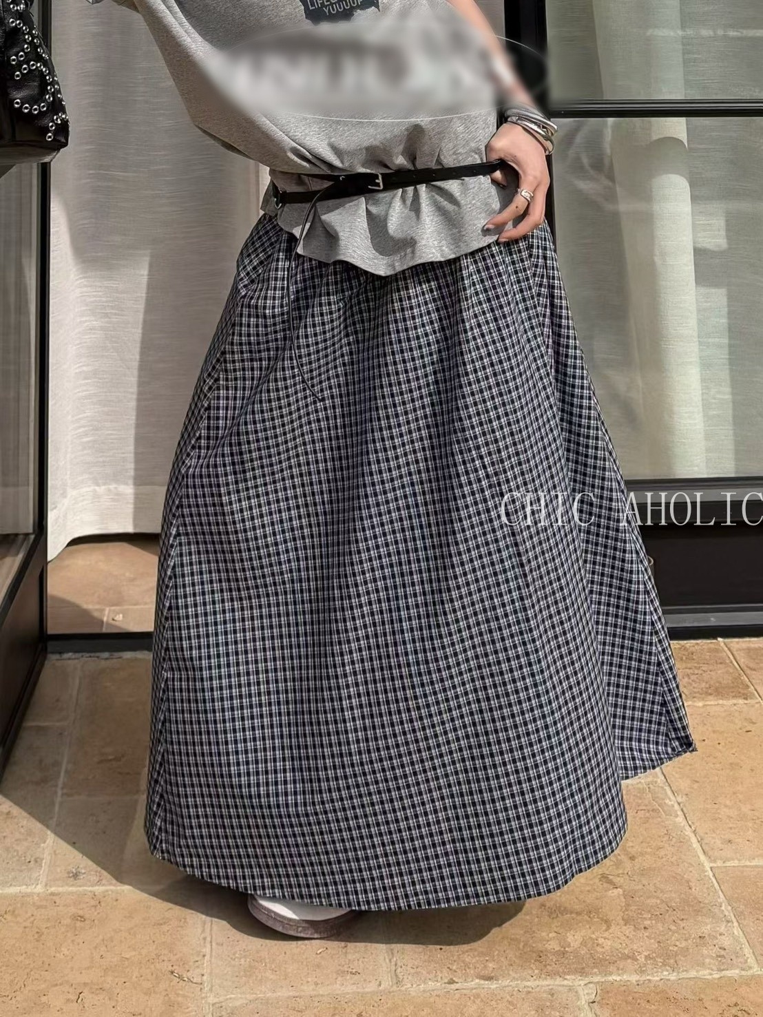 HE65黑白格鬆緊裙頭長裙