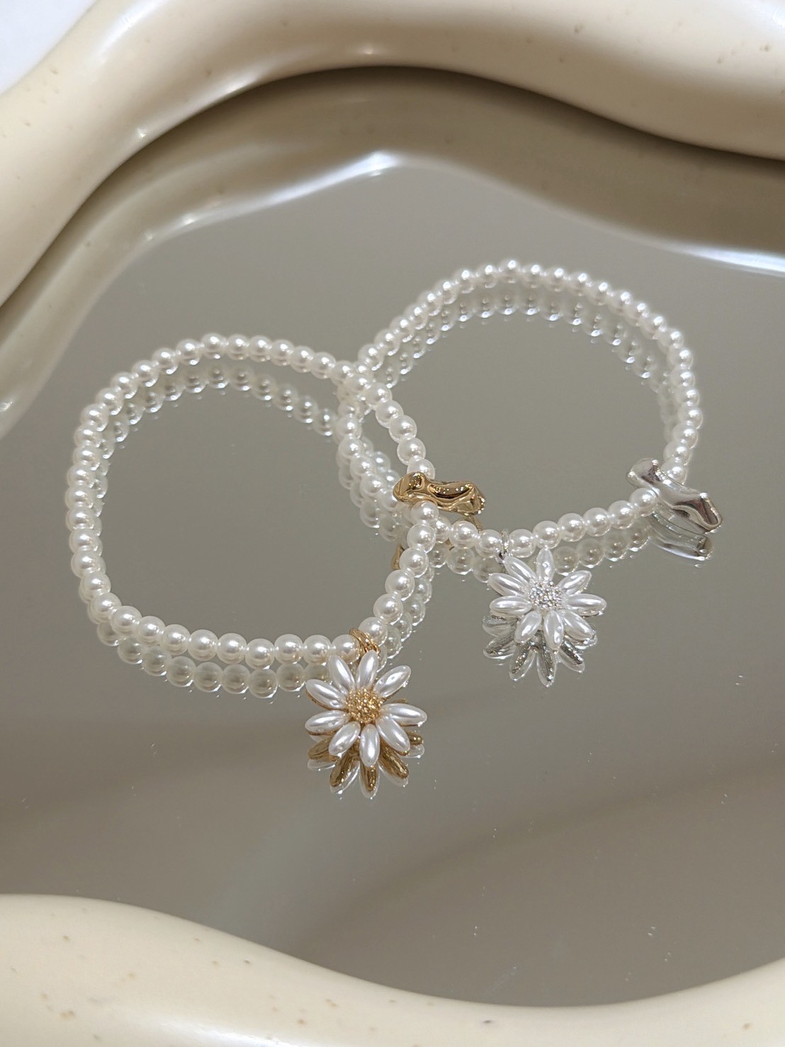 HE68金銀向日葵小花珍珠手鍊