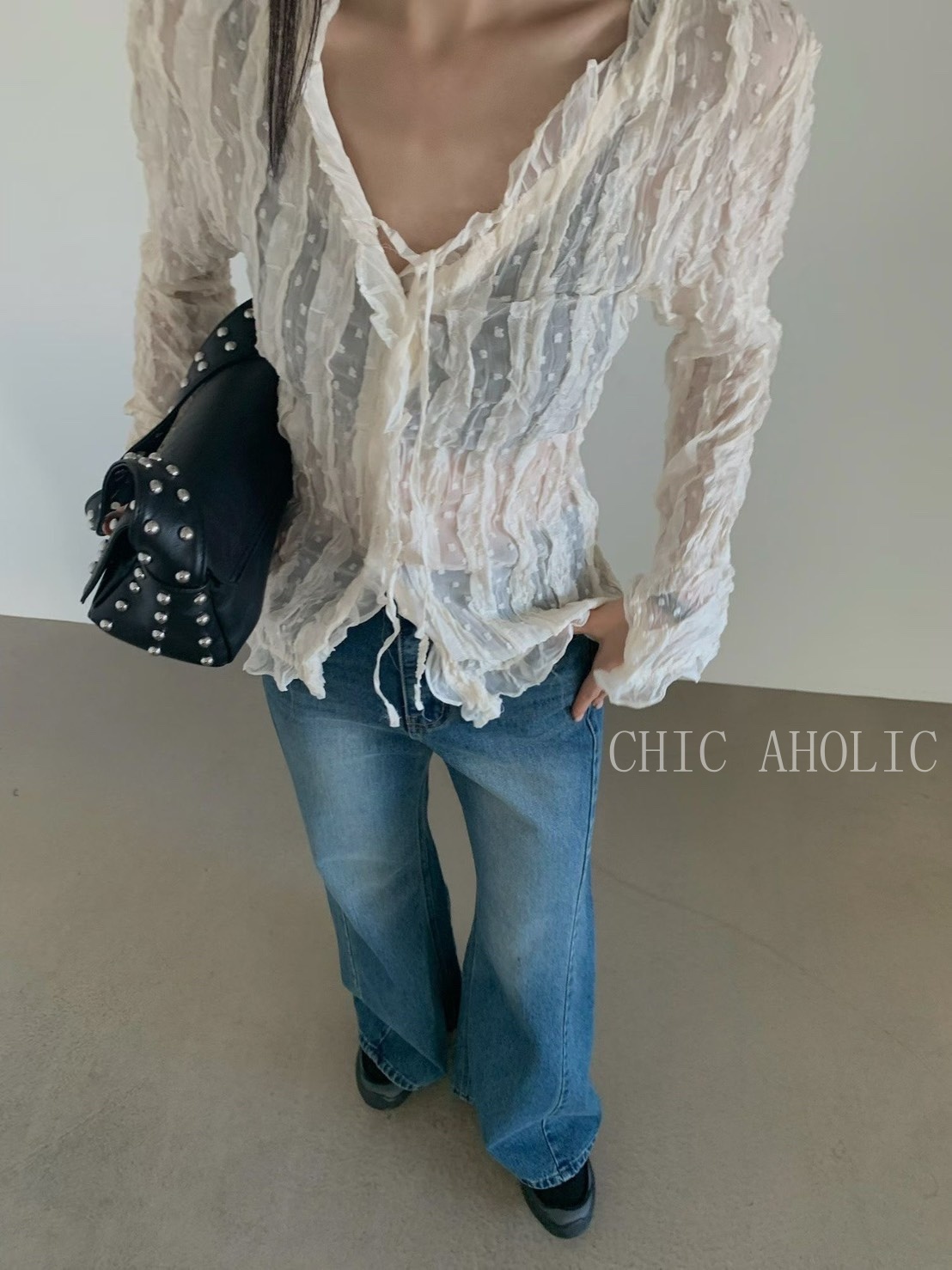 GR43波點透紗S腰雪紡上衣