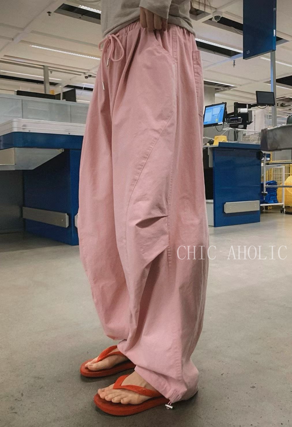 JK68三層摺痕粉色工裝褲 