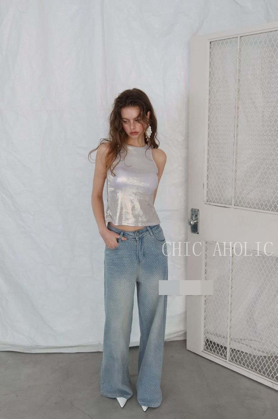 MY10斜菱格紋細亮牛仔褲 