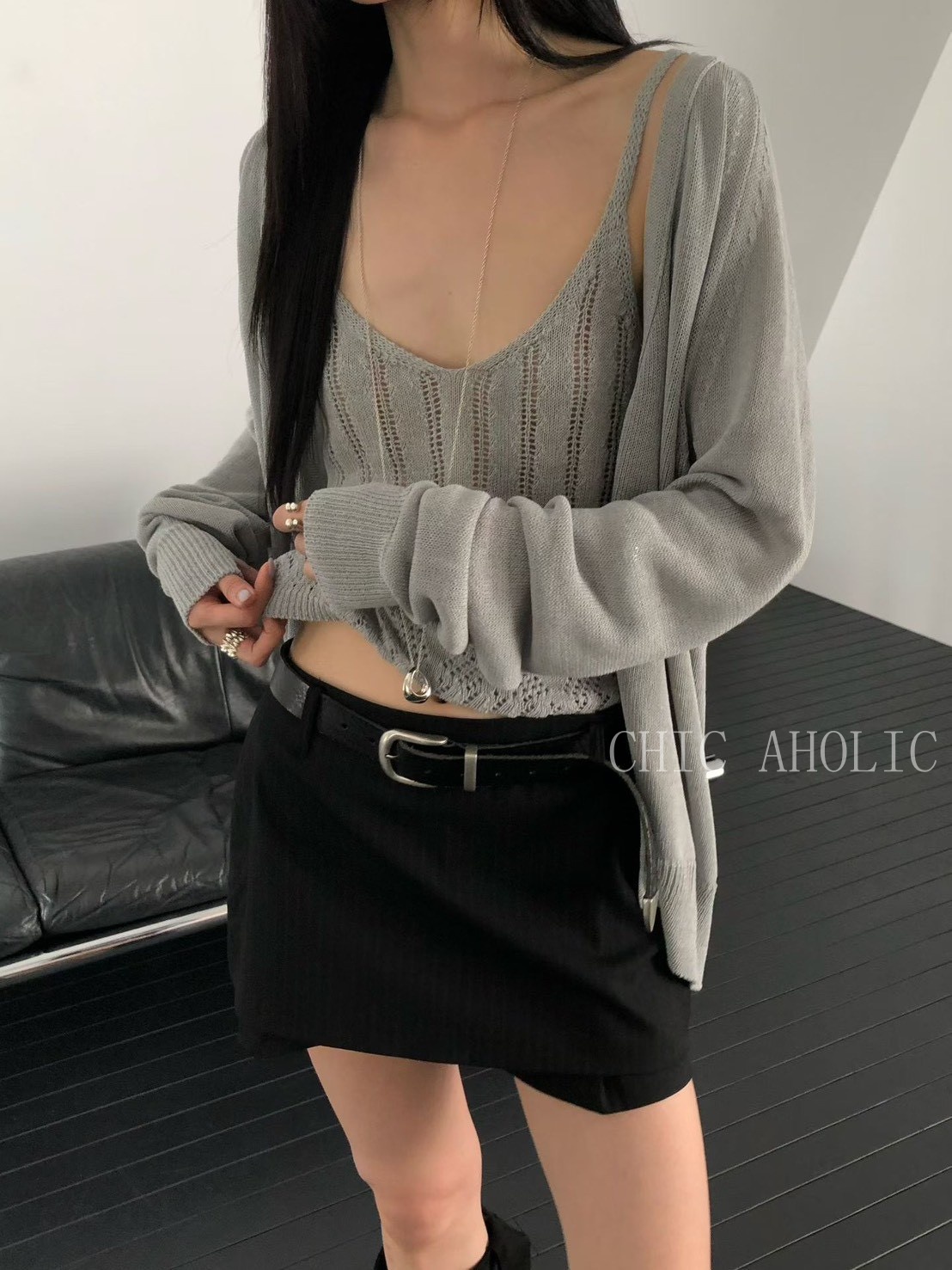 MY19日系透肌橫條紋感V外套