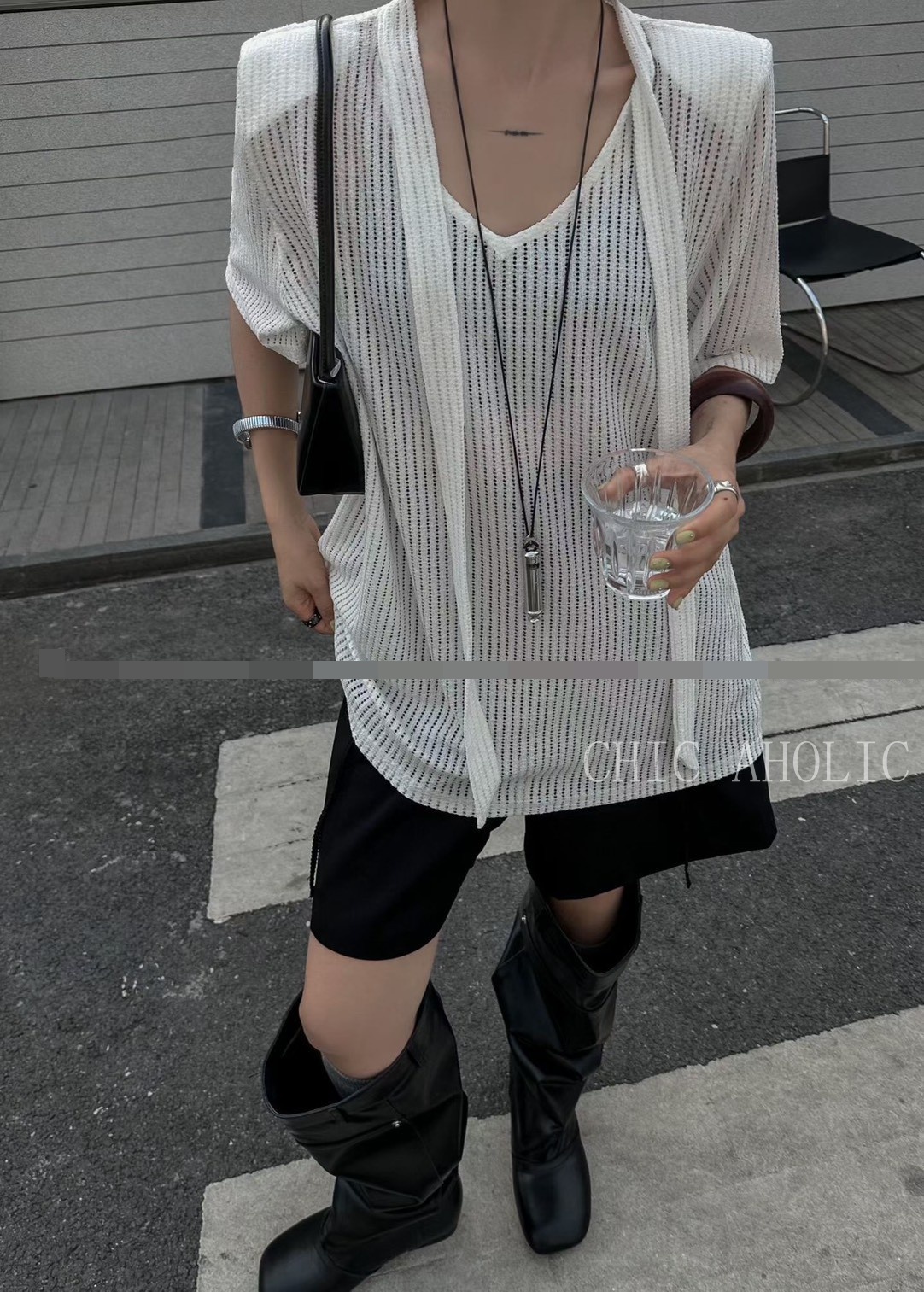 MY32直條網格洞法式綁領衣