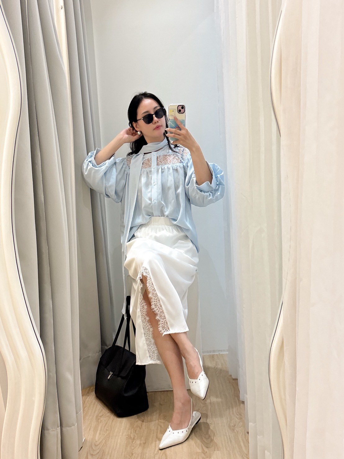 蕾絲肩部雪紡襯衫