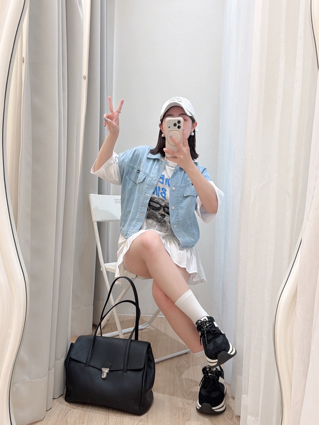 有束繩的牛仔落肩背心