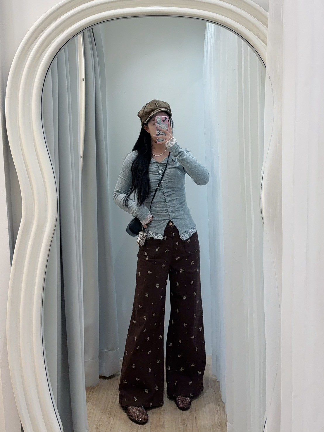 SEP01小碎花牛仔咖啡褲