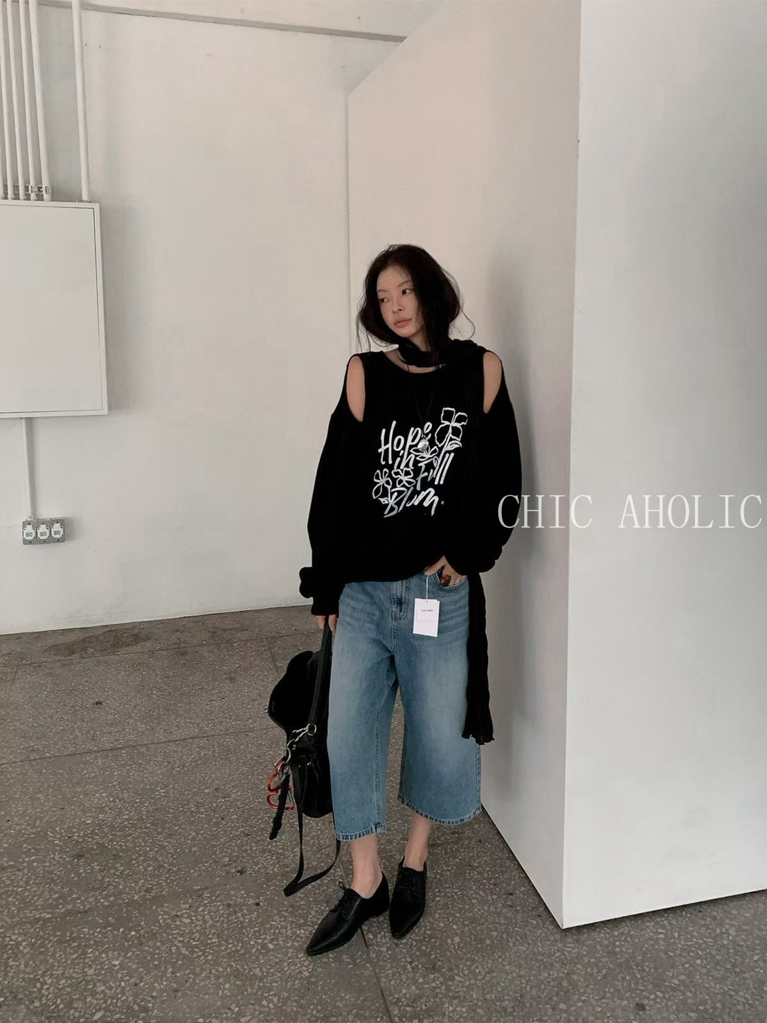 NIN26七分寬筒時髦牛仔褲