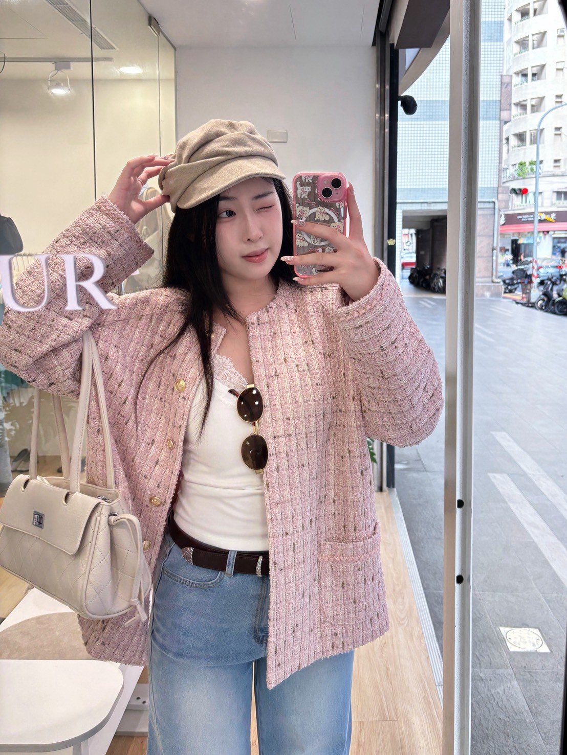 NIN27金釦超美粉色毛呢外套