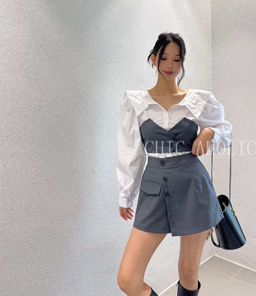 西裝假兩件開V襯衫