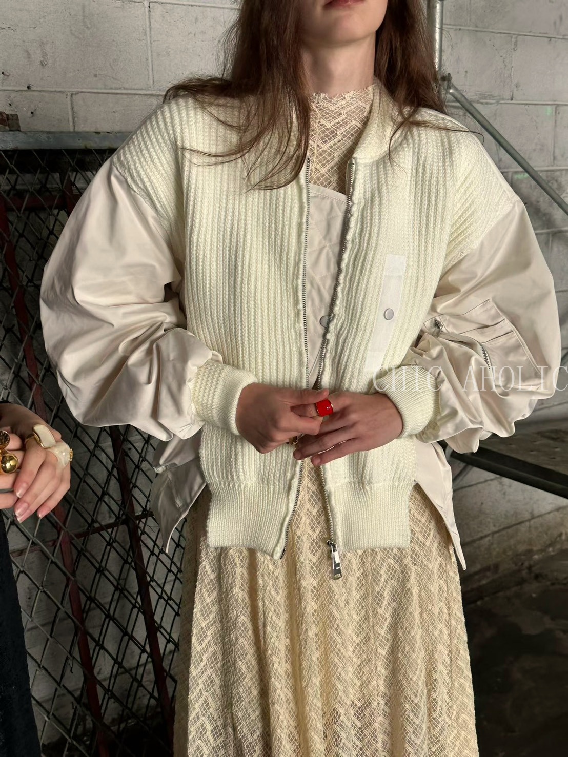 密針織手袖拼滑布料外套