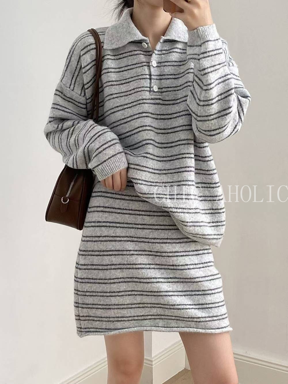 休閒慵懶針織條紋set(上衣+裙)