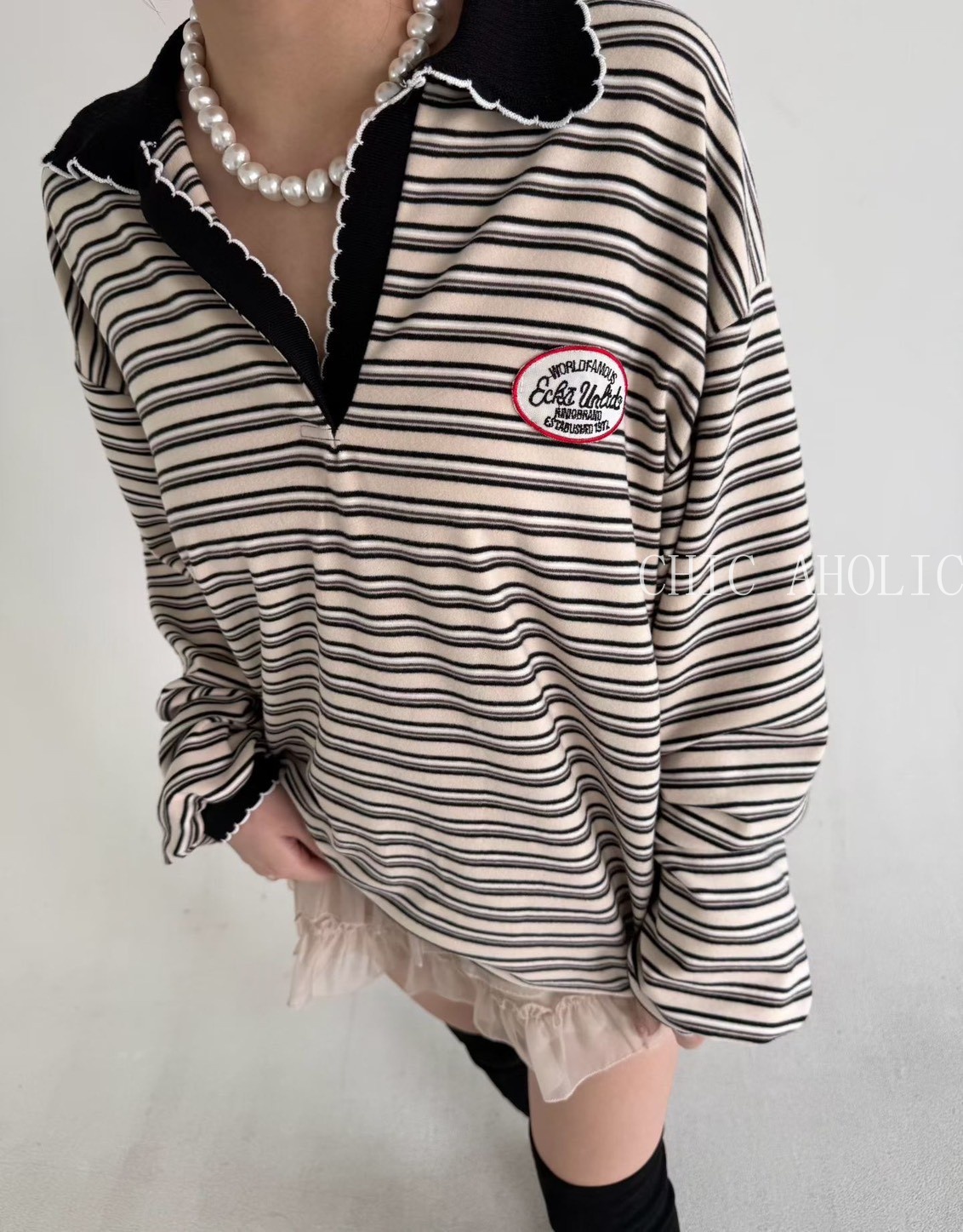 POIO花邊翻領條紋上衣